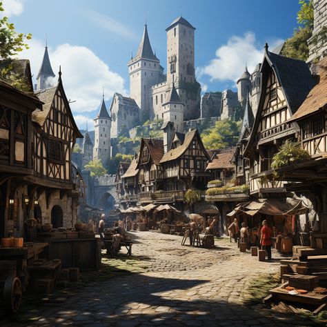 Fantasy Trade City, Town In Forest, Fantasy Town Aesthetic, Vila Medieval, Fantasy Village, Medieval Aesthetic, Fantasy Town, Castle Aesthetic, Medieval World