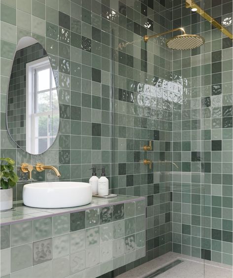 Sage Tile, Grey Tile Pattern, Wet Room Tiles, Teal Tile, Green Tile Bathroom, Silver Tile, Topps Tiles, Shower Wall Panels, Handcrafted Tile