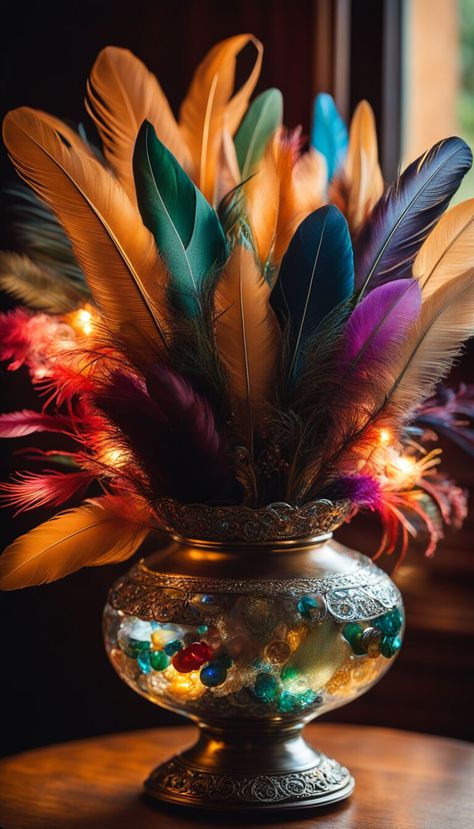 The most beautiful arrangement of feathers in a stunning iridescent vase - AI creation Feathers In Vase, Iridescent Vase, Feathers, Most Beautiful, Vase, Flowers, Quotes, Quick Saves