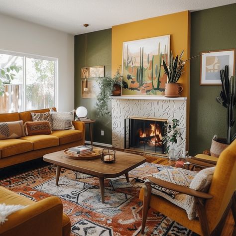 Joyful Interior Design, Mid Century Rustic Living Room, Living Room Designs Colorful Schemes, Mid Century Home Office Ideas, Colorful House Design, Mcm Sitting Room, Color Palette For Home Living Rooms, Mid Century Modern Living Room Green, Living Room Designs With Color