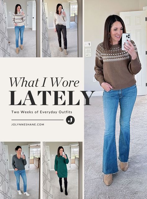 Fashion expert Jo-Lynne Shane shares what she's been wearing in this post filled with fashion tips and tricks for women over 40. Jo Lynne Shane, Fashion Tips And Tricks, Fair Isle Sweater Dress, Over 40 Outfits, It's Wednesday, Jolynne Shane, Cool Coats, Sweater Dress Outfit, Dad Sneakers