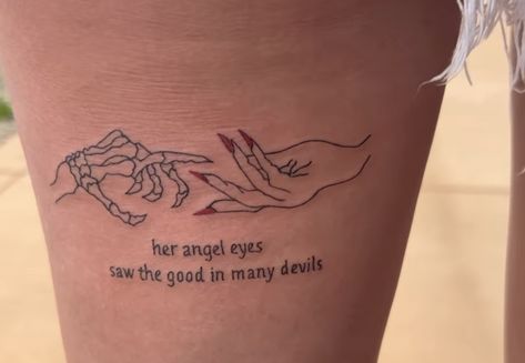 13 Tattoo Placement, Her Angel Eyes Saw The Good Tattoo, Motto Tattoo Ideas, Toxic Love Tattoos Women, Two Lovers Tattoo, Insperational Tattoos, Abandoned Tattoo Ideas, You Were My Favorite Hello Tattoo, Hell Is Empty All The Devils Are Here Tattoo