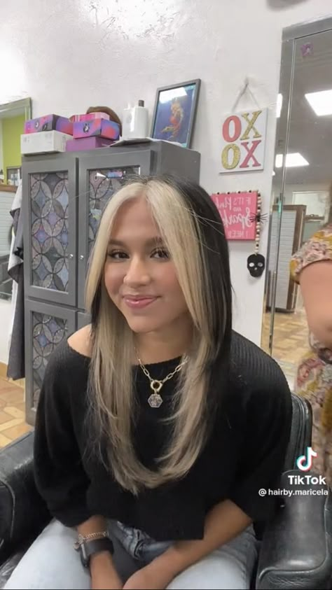 Half Blonde Hair Underneath, Brown With Peekaboo Blonde, Front Hair Blonde, Platinum Blonde Hair Money Piece, Two Blonde Streaks In Front Of Hair, Y2k Grunge Hair, Bleached Section Of Hair, Black On Top Blonde Underneath, Blonde Money Piece Hair