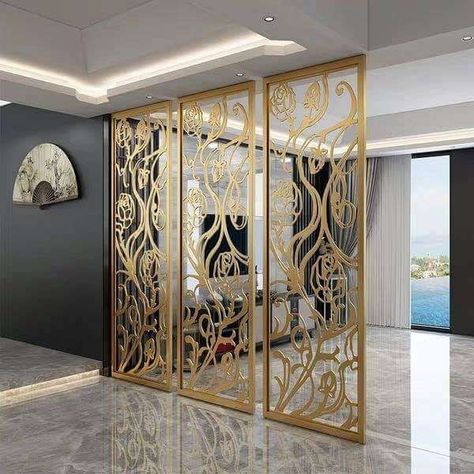 Beautiful Wall Partition Design Ideas For Your Home - Engineering Discoveries Metal Room Divider, Wall Partition Design, Home Engineering, Gold Room, Stainless Steel Art, Living Room Divider, Gold Rooms, Partition Screen, Divider Design