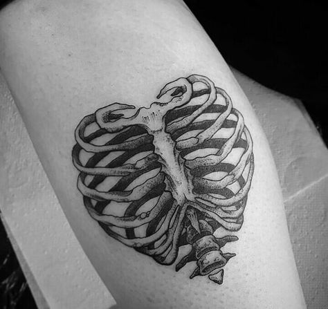 Rib Skeleton Tattoo, Rib Cage Drawing Tattoo, Heart Shaped Rib Cage Tattoo, Heart Ribcage Tattoo, Skeleton Torso Tattoo, Skull Rib Tattoo, Back Bone Tattoo, Tattoo Of Ribcage, Skull Bracelet Tattoo