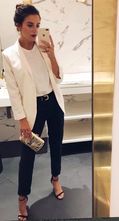 Sheer Shirt Work Outfits, Business Semi Formal Women, Modern Sophisticated Fashion, Business Casual White Blazer, White Blazer Work Outfits Women, Cream Blazer Outfits For Women Work, Miami Business Outfits, Christianing Outfit Women, Attending A Graduation Outfit