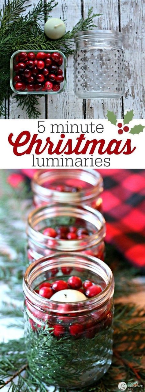 5 minute DIY Christmas luminaries | Quick and easy Christmas decorating. Whip up these floating candles with cranberries and cedar for a stunning table centerpiece. See more on http://TodaysCreativeLife.com Christmas Luminaries, Diy Natal, Navidad Diy, Wrapping Ideas, Floating Candles, Noel Christmas, Easy Christmas, Christmas Centerpieces, Country Christmas