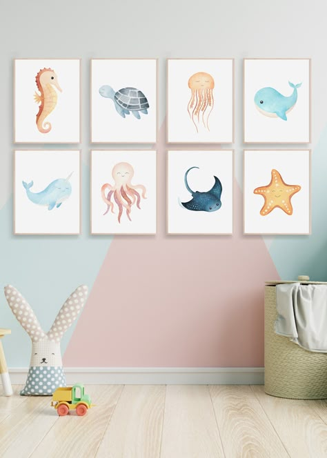 Excited to share the latest addition to my #etsy shop: Set of 8 sea animal prints, Under the sea nursery wall art, Kids playroom decor, Nautical ocean animal bundle, Boy girl nursery printables https://etsy.me/40WSCrK #oceananimalsbundle #kidsnurserywalldecor #seaprint Nursery Ideas Ocean Sea Theme, Under The Sea Shared Bedroom, Ocean Animal Nursery Theme, Coral Reef Nursery Theme, Marine Animal Nursery, Marine Life Nursery, Sea Animal Themed Nursery, Ocean Nursery Paint Colors, Seaside Nursery Theme