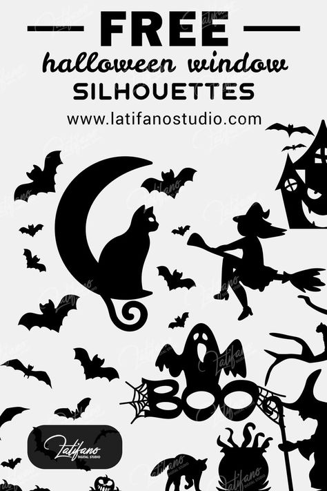 Spookify your room with different Halloween decorations. Create a potion bottle, set up a branch chandelier for a ghostly forest shadow, light creepy bloody candles, put up Halloween window silhouettes, make a ghost out of chicken wire, or surprise guests with a scary message in glow-in-the-dark frosting. Diy Halloween Window Silhouettes Printable, Diy Haunted House Silhouette, Halloween Window Stencils, Window Silouhette Halloween Diy, Free Halloween Silhouette Printables, Spooky Silhouettes Halloween Window, Cricut Halloween Decorations Outdoor, Printable Halloween Silhouettes, Diy Halloween Silhouettes