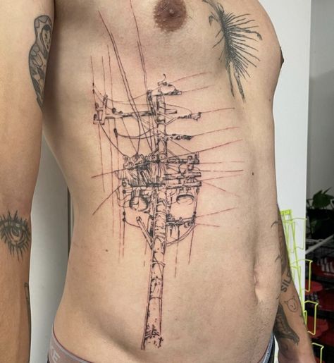 dollhouse.ttt on insta Ladder Tattoo Ideas, Chicken Scratch Tattoo, Power Line Tattoo, Cable Tattoo, Industrial Tattoo, Mecha Tattoo, Pole Tattoo, Scratch Tattoo, Native Indian Tattoos