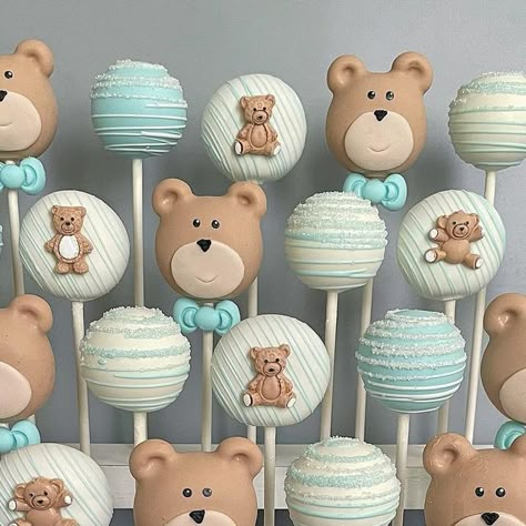 We Can Nearly Wait Baby Shower Cakes, We Can Bearly Wait Cake Pops, Bear Theme Cake Pops, Teddy Bear Baby Shower Theme Desserts, Cake Pops For Baby Shower Boy, We Can Bearly Wait Treats, We Can Bearly Wait Baby Shower Treats, Bear Candy Table, Bear Baby Shower Desserts