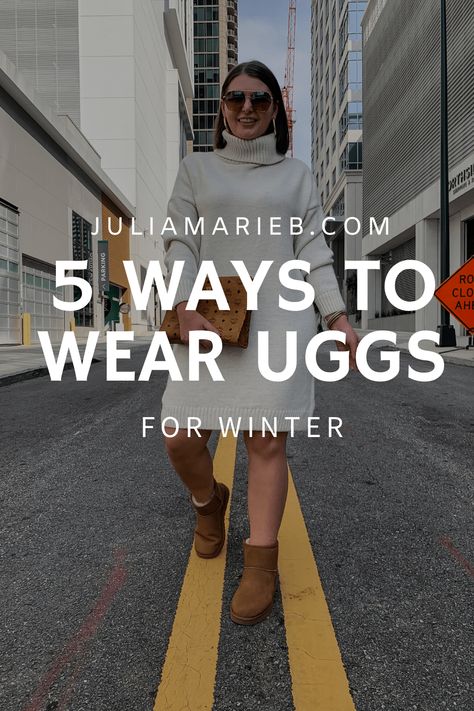 5 WAYS TO WEAR UGG BOOTS FOR WINTER: http://www.juliamarieb.com/2020/01/22/5-ways-to-wear-ugg-boots-for-winter-the-rule-of-5/ | @julia.marie.b Ugh Classic Ultra Mini Outfit, Short Ugg Boots Outfit, Low Uggs, How To Style Ugg Boots, Ugg Boot Outfits, How To Wear Ugg Boots, How To Wear Uggs, Ugg Boots Outfit Winter, Ugg Mini Boots