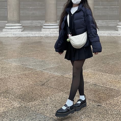 Puffer And Skirt Outfit, Puffer Skirt Outfit, Moon Bag Outfit, Ruffle Socks Outfit, White Ruffle Socks, Puffer Skirt, Ruffle Socks, Skirt Aesthetic, Blue Tights