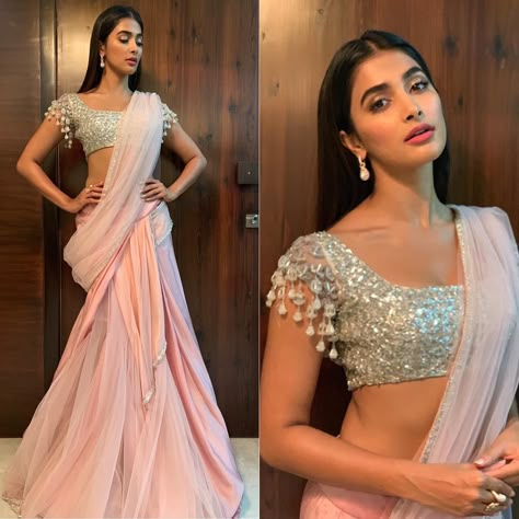 Celebrity Blouse Designs, Blush Pink Lehenga, Saree Drape, Diwali Outfits, Indian Sari Dress, Lehenga Blouse Designs, Pooja Hegde, Sari Dress, Indian Saree Blouses Designs