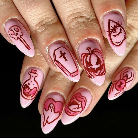 Spooky Valentines Day Nails, Pink And Red Halloween Nails, Creepy Valentines Nails, Halloween Valentines Nails, Witchy Valentines Nails, Pink And Black Nails Halloween, Horror Theme Nails, Gothic Pink Nails, Girly Halloween Aesthetic