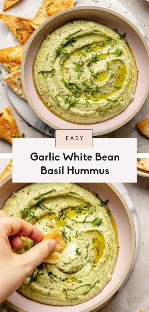 Delicious garlic basil white bean hummus made with flavorful garlic, zesty lemon juice, and fresh basil. This easy white bean hummus recipe is the perfect snack to pair with veggies, crackers, pita chips, and even to use as a spread or sauce! White Bean Hummus Recipe, Bean Hummus Recipe, White Bean Spread, Basil Hummus, White Bean Hummus, Bean Hummus, Hummus Recipe Homemade, White Bean Dip, Basil Recipes