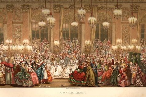 French Masquerade Costume 18th Century Ball Dress Fashion – Chromolithograph – Circa 1876 Mask Ball, Masked Ball, Georgian Era, Masquerade Costumes, Masks Masquerade, A4 Poster, Masquerade Ball, Historical Fashion, Chorus