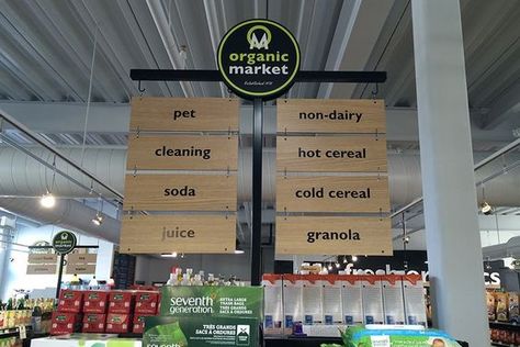 Pharmacy Signage, Store Shelving, Aisle Markers, Grocery Store Design, Store Signage, Organic Market, Retail Signage, Supermarket Design, Organic Groceries