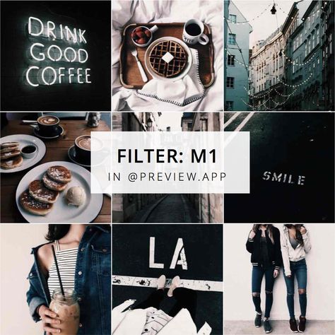 Dark Instagram filter M1, in the "Dark" filter pack inside Preview app. Dark Instagram Filter, Instagram Themes Vsco, Picture Hacks, Preview Instagram, Dark Filter, Instagram Feed Planner, Content Marketing Tools, Vintage Filters, Theme Inspiration