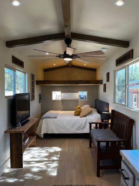 Tiny House No Loft, Loft Tiny House, Removable Shower Head, Tiny Houses On Wheels, Tiny House Talk, Houses On Wheels, Tiny Home Living, Fiberglass Shower, White Oak Hardwood Floors