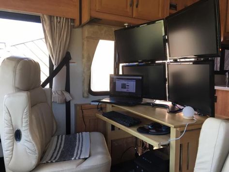 Heath and Alyssa -- (#3) Phil Swenson [The Rig: Class A motorhome] Rv Desk Ideas, Rv Desk, Work Setup, Rv Furniture, Class A Motorhome, Mobile Office, Rv Living Full Time, Multipurpose Furniture, Van Living