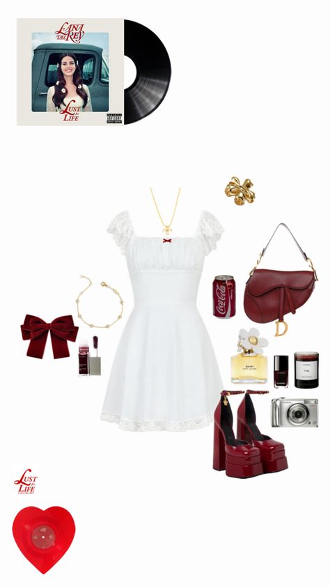 lust for life, lust for life outfit, lust for life outfit inspo, lana del rey, lana del rey lust for life, lust for life vinyl, lana, lana rey, lana del rey outfit, lana del rey outfit inspo, white dress, white dress styled, coquette, coquette aesthetic, dark red, dark red cherry, gold jewellery, gold jewellery styled, dark red shoes, dior, cherry cola, marc jacobs, marc jacob’s perfume, digital photo camera, chanel, daisy, daisy necklace, daisy hair claw, summer, summer outfits, summer outfit inspo, summer aesthetic, lana aesthetic 🤍 Lana Del Rey Concert Outfit Ideas Ultraviolence, Lana Feel Rey Concert Outfit, Summertime Saddens Outfit Lana, What To Wear To Lana Del Rey Concert, Lana Del Rey Lust For Life Aesthetic, Lana Del Rey Tour Outfits, Lust For Life Outfit, Lana Del Rey Outfit Ideas, Lana Del Ray Concert Outfit