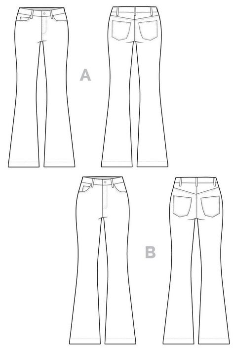 FLATS TECHNICAL DRAWING FOR FASHION Flare Pants Pattern, Pattern Jeans, Jeans Drawing, Ginger Jeans, Jeans Pattern, Clothing Sketches, Fashion Templates, Patterned Jeans, Fashion Sewing Pattern