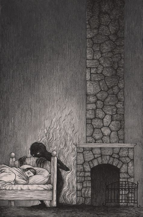 Don Kenn Nightmare Art Dreams, Nightmares Illustration, Cryptid Drawings, Sleepy Art, Creepy Illustration, John Kenn, What Is Sleep, Scary Story, Strange Art