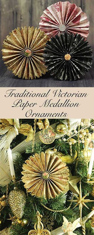 How to make traditional Victorian folded paper ornaments. These medallions are made up of two fans, that are fast and easy to make Origami Christmas Tree Card, Origami Christmas Ornament, Paper Medallions, Victorian Christmas Decorations, Victorian Crafts, Origami Christmas Tree, Victorian Paper, Victorian Christmas Ornaments, Paper Christmas Ornaments