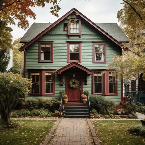 Green And Burgundy House Exterior, Exterior Historic House Colors, Green House Red Trim, Dark Green Farmhouse Exterior, Green House Door Color Ideas, Green Metal Roof Houses Color Combos, Green House Brown Trim, Maroon House Exterior, Emerald Green House Exterior