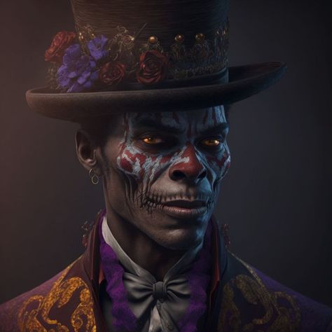 Voodoo Fashion, African Voodoo, Voodoo Art, Black Joker, Baron Samedi, African Mythology, Witch Characters, Black God, Fantasy Portraits