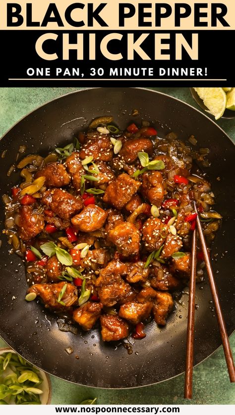 Broaden your at-home culinary horizons with this easy take out-fake out Chinese Black Pepper Chicken recipe. Featuring succulent bites of juicy-on-the-inside, crispy-on-the-outside chicken stir fried with tender-crisp vegetables and a piquant peppercorn sauce, this delightful 30-minute peppered chicken is certain to become a family favorite! Hot Pepper Chicken, Peppercorn Chicken Recipes, Fake Chicken Recipes, Crispy Black Pepper Chicken Chinese, Chinese Black Pepper Chicken, Black Pepper Chicken With Mushrooms, Peppered Chicken Recipe, Black Pepper Chicken Chinese, Chinese Chicken Thigh Recipes