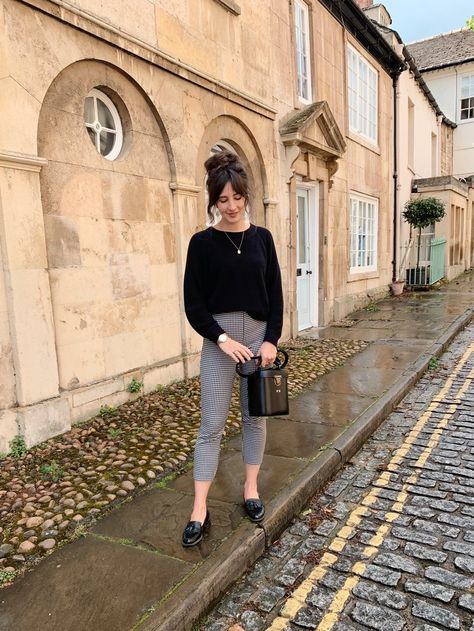 Rosie Butcher, Gingham Trousers, Antique Fairs, Blue Jumper, Black Jumper, Antique Shop, Chunky Boots, Antique Shops, White Tops