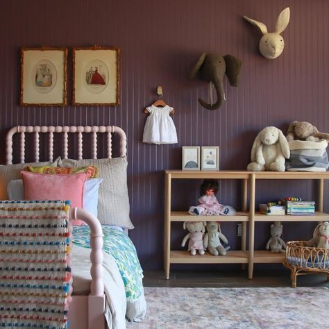 Expressive Plum SW 6271 - Purple Paint Color - Sherwin-Williams Plum And Pink Bedroom, Purple Wall Color Bedroom, Purple Sherwin Williams Paint, Toddler Purple Bedroom, Purple Playroom, Plum Nursery, Purple Kids Room Ideas, Dark Purple Girls Bedroom, Purple Board And Batten