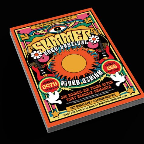 70's Retro Rock Music Festival Flyer Corporate Identity 70s Flyer Design, Retro Graphic Design T-shirt For Music Festival, Disco Party Flyer, Music Festival Flyer, Vintage Rave Flyers, Rock Music Festival, Festival Flyer, Presentation Cards, Retro 70s