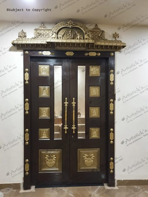 Brass Pooja Room Door, Pooja Room Door Design Traditional, Pooja Room Double Door Designs, Pooja Room Doors, Pooja Room Ideas, Brass Railing, Pooja Room Door, Small House Design Kerala, Pooja Door