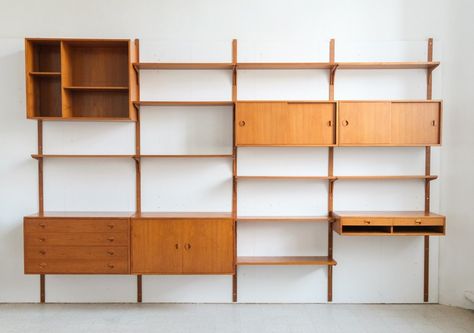 Wall unit by HG Furniture, 1960s | #186303 Living Room Wall Storage Ideas, Mid Century Modern Wall Unit, Full Wall Shelf, Mcm Wall Unit, Home Office Shelf, Mid Century Shelving, Mid Century Wall Unit, Library Vintage, Diy Mid Century