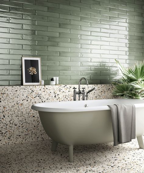 Terrazzo Bathroom, Green Subway Tile, Tiles For Wall, Polished Porcelain Tiles, Glazed Ceramic Tile, Country Bathroom, Tile Trends, Glazed Tiles, Subway Tiles