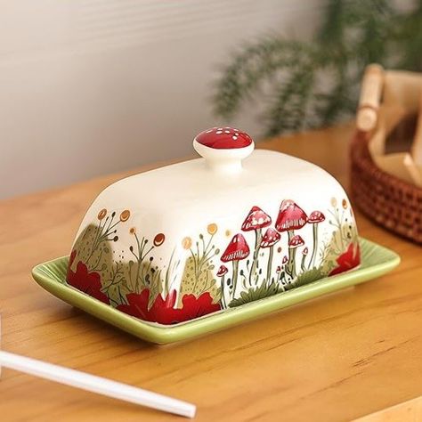 Fungi Fun Mushroom Butter Dish With Lid For Countertop Ceramic Butterdish, Red Mushroom Butter Container, Butter Tray Large Butter Dish Covered Butter Dish Ceramic, Butter Tray, Butter Container, Earthy Ceramics, Fun Mugs, Ceramic Butter Dish, Red Mushroom, Cute Kitchen, Clay Pottery