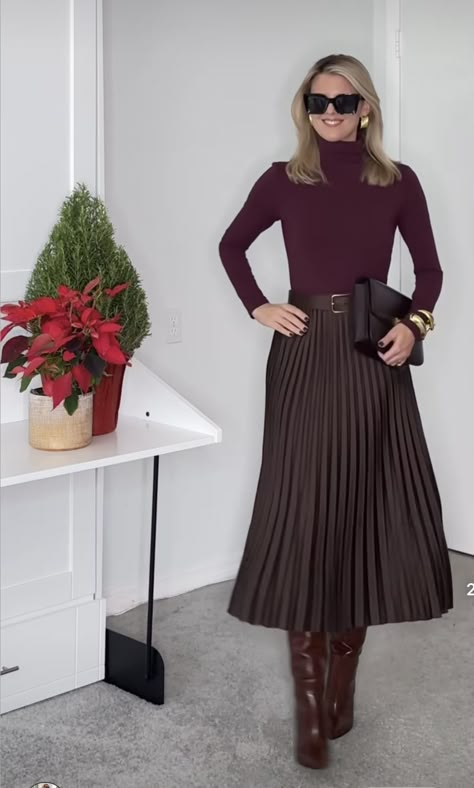 Burgundy Pleated Dress, Grey Pencil Skirt Outfit Casual, Long Skirt And Boots Outfit Winter, Winter Skirt Outfits Women, Pleated Brown Skirt Outfit, Brown High Knee Boots Outfit, Brown Skirt Outfit Fall, Dark Brown Skirt Outfit, Midi Skirt Outfit Winter Boots