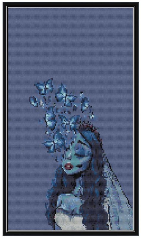 An easy to follow, color PDF of Emily turning into her butterflies from The Corpse Bride! *Size: 14 stitch/in  112 x 199 Stitches (8.0 x 14.2 in.) *Full Cross, 2 threads, 32 DMC Colors *Skill Level: Intermediate to Experienced Corpse Bride Turning Into Butterflies, Corpse Bride Alpha Pattern, Corpse Bride Cross Stitch, Emily Corpse Bride Full Body Picture, Corpse Bride Embroidery, Corpse Bride Pixel Art, Corpse Bride Emily Alive, Corpse Bride Butterfly, Corpse Bride Emily