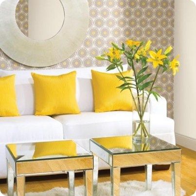 echo design Yellow Room, Yellow Living Room, Yellow Home Decor, Yellow Decor, Yellow Interior, Yellow Pillows, White Sofas, Yellow Accents, A Living Room