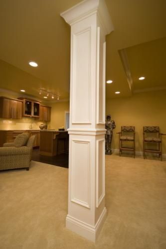 Beam Cover, Basement Poles, Basement Refinishing, Add Value To Your Home, Interior Columns, Diy Basement, Basement Stairs, Basement House, Basement Makeover