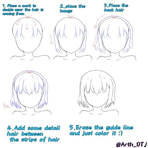 Tutorial on how to draw female anime hair step by step Anime Hair Tutorial, Hair Step By Step, Hair Drawings, Hair Stenciling, How To Draw Anime, Drawing Hair Tutorial, Draw Hair, Manga Hair, Balayage Ombré