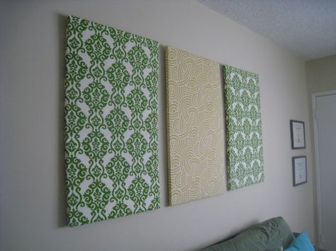 DIY Fabric Wall Art- i'm going to try this with grey and purple.. and maybe an anagram on the purple.. :) Wall Art Using Fabric, Fabric On Walls Diy, Fabric Frames Diy Wall Art, Diy Fabric Frame Wall Decor, Frame Fabric Wall Art Diy, Diy Wall Tapestry Fabric, Cover Canvas With Fabric Wall Art, Framed Embroidery Wall Art Cardboard, Framed Fabric Wall Art