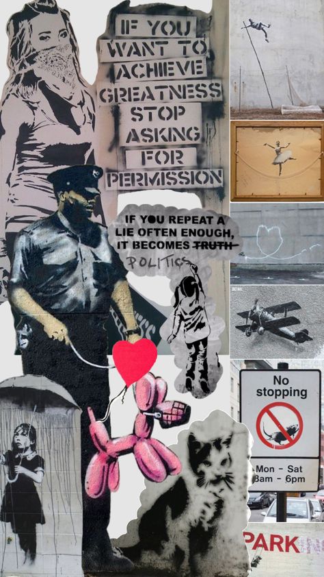 Banksy Research Page, Banksy Aesthetic, Punk Moodboard, Pole Room, Artist Research Page, Scrapbook Inspo, Banksy Art, Gcse Art, Banksy