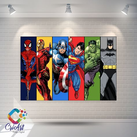 Super Hero Poster Design, Avengers Themed Bedroom, Batman Pop Art, Spiderman Bedroom, Marvel Room, Marvel Birthday Party, Avengers Theme, Superhero Bedroom, Themed Kids Room