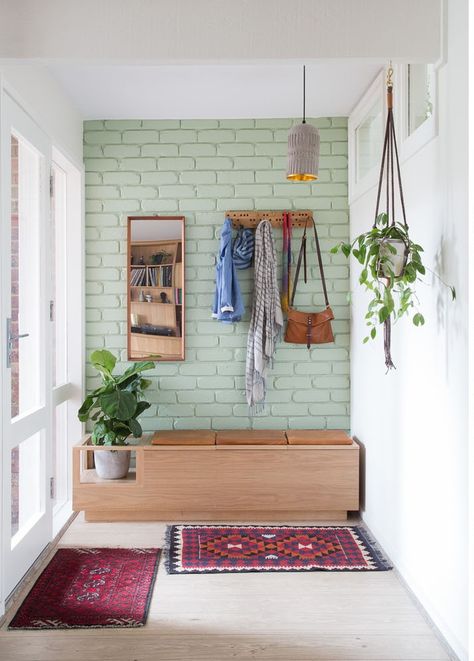 Boho Scandinavian Kitchen, Painted Brick Interior, Brick Wall Ideas, Painted Brick Wall, Brick Wall Decor, Functional Mudroom, Painted Brick Walls, Interior Brick, Brick Interior Wall