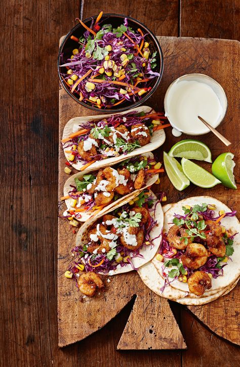 Prawn Tacos Recipe, Shrimp Street Tacos, Slaw Tacos, Prawn Tacos, Tacos With Slaw, Spicy Prawns, Fakeaway Recipes, Shrimp Taco Recipes, Shrimp Tacos