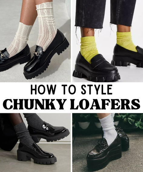 Chunky loafers are a major trend this season- check our our blog post that's full of styling inspiration to help you rock your chunky loafers like the it-girl you are! Platform Loafers Socks, Chunky Loafer Styling, Chunky Loafers Business Casual, Lug Sole Penny Loafer Outfit, How To Style Black Chunky Loafers, Chunky Loafers Fall Outfit, Women Chunky Loafers Outfit, Work Outfits With Chunky Loafers, How To Style Socks With Sneakers